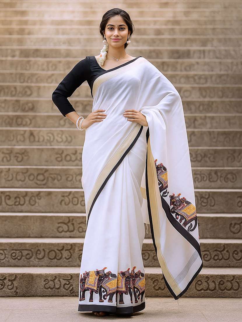 women solid with bordered saree with blouse