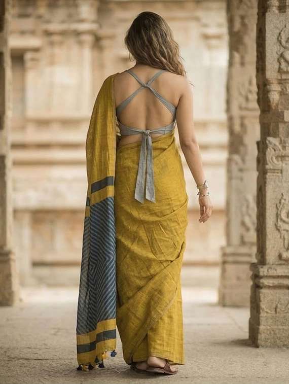women solid handloom saree with blouse - 22567088 -  Standard Image - 3