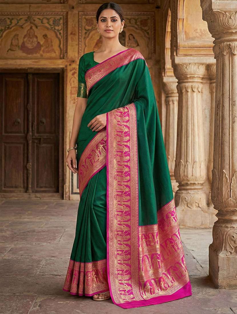 women solid with bordered saree with blouse