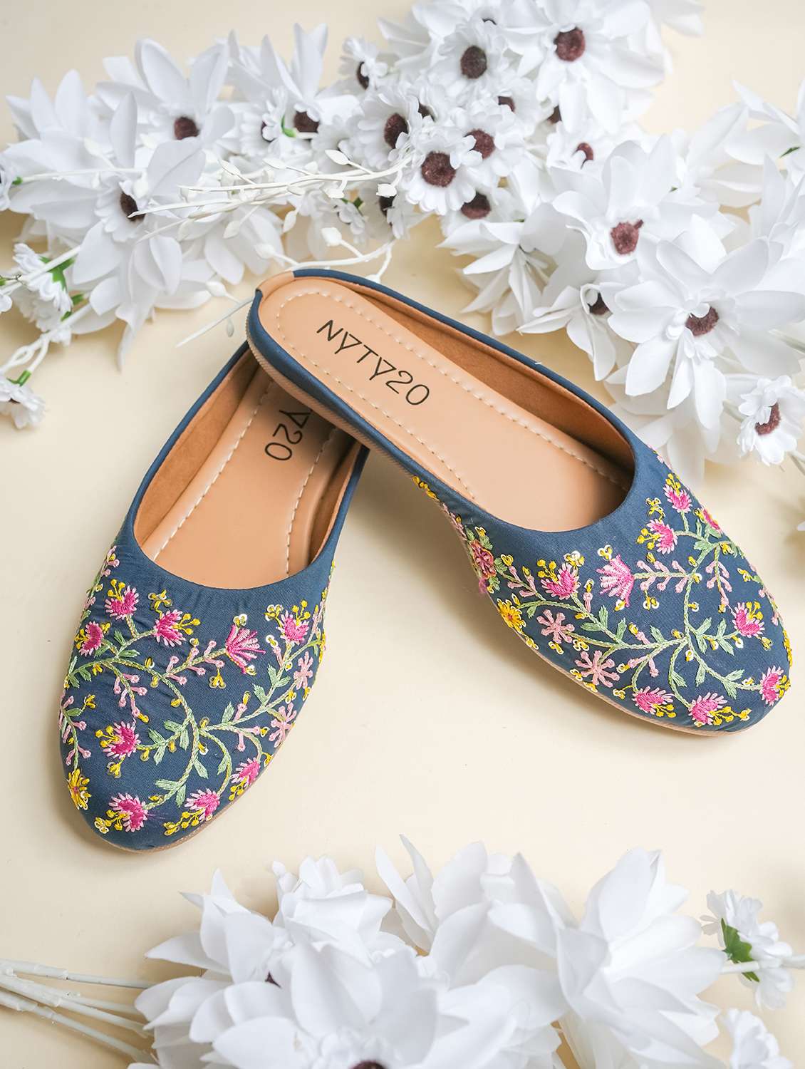 women embroidered slip on mules
