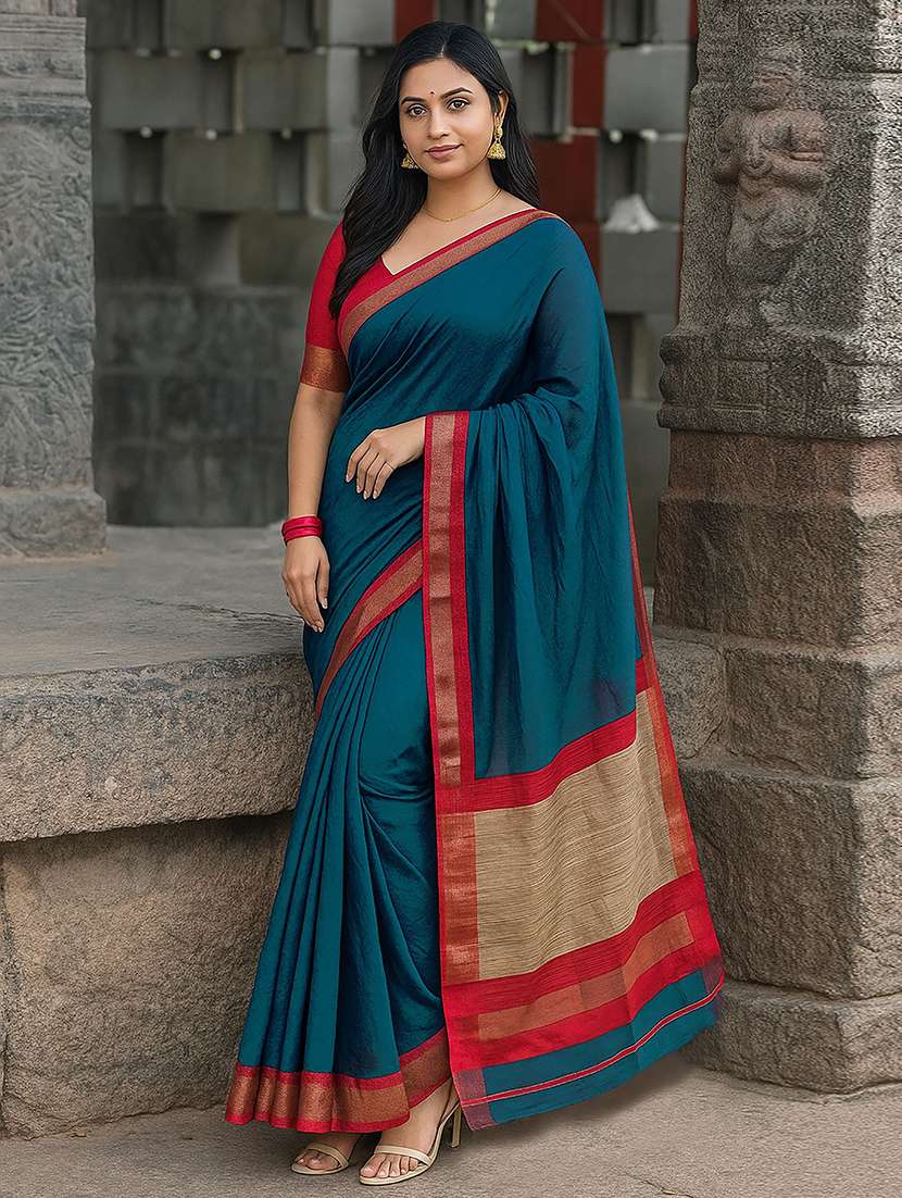 women solid with bordered saree with blouse