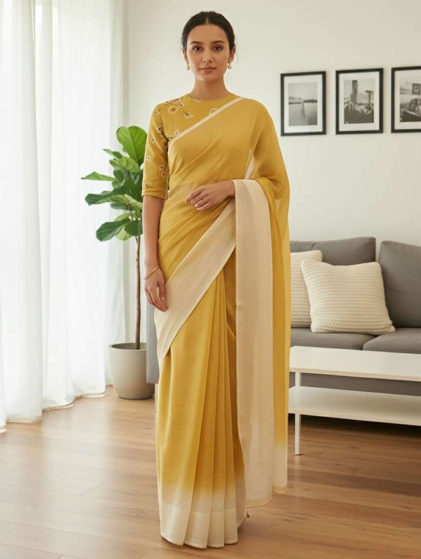 women solid with bordered saree with blouse