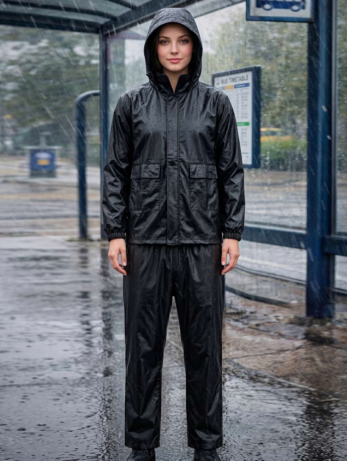 women solid long sleeves hooded rain suit set