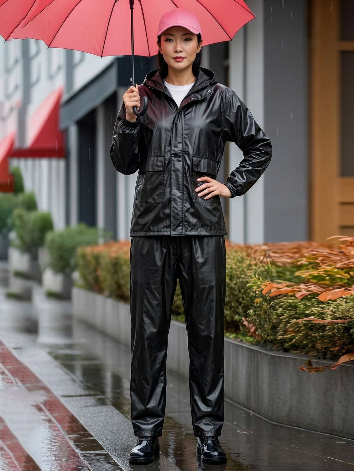 women solid long sleeves hooded rain suit set