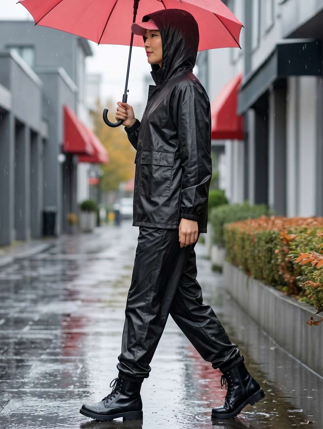 women solid long sleeves hooded rain suit set - 22567315 -  Standard Image - 3