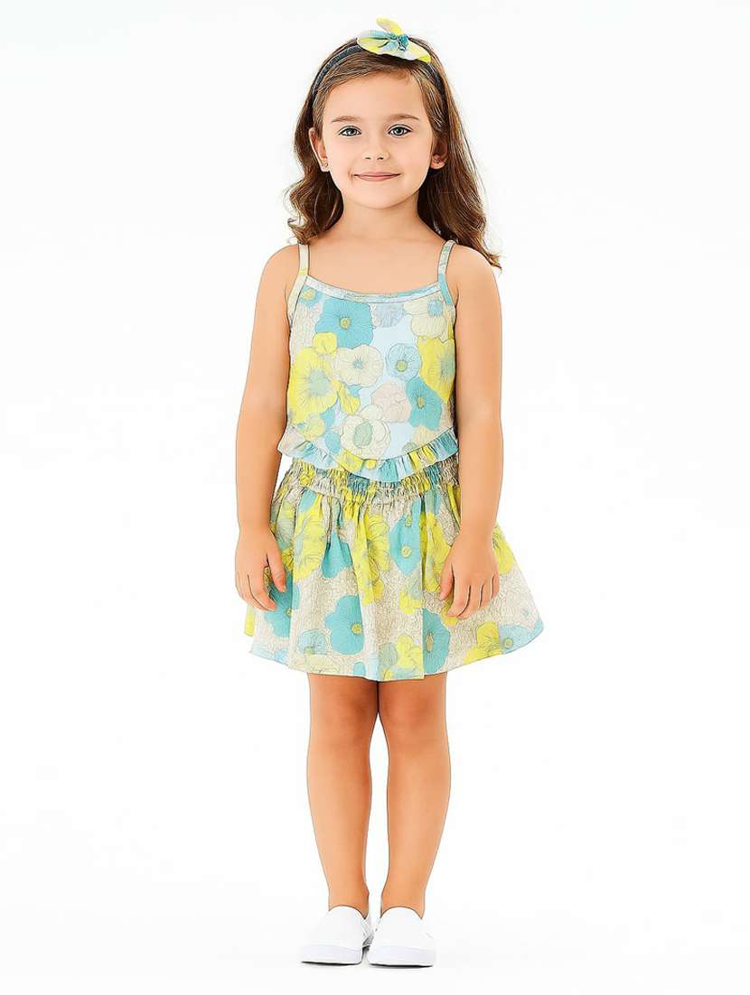 girls printed sleeveless top and skirt co-ord set