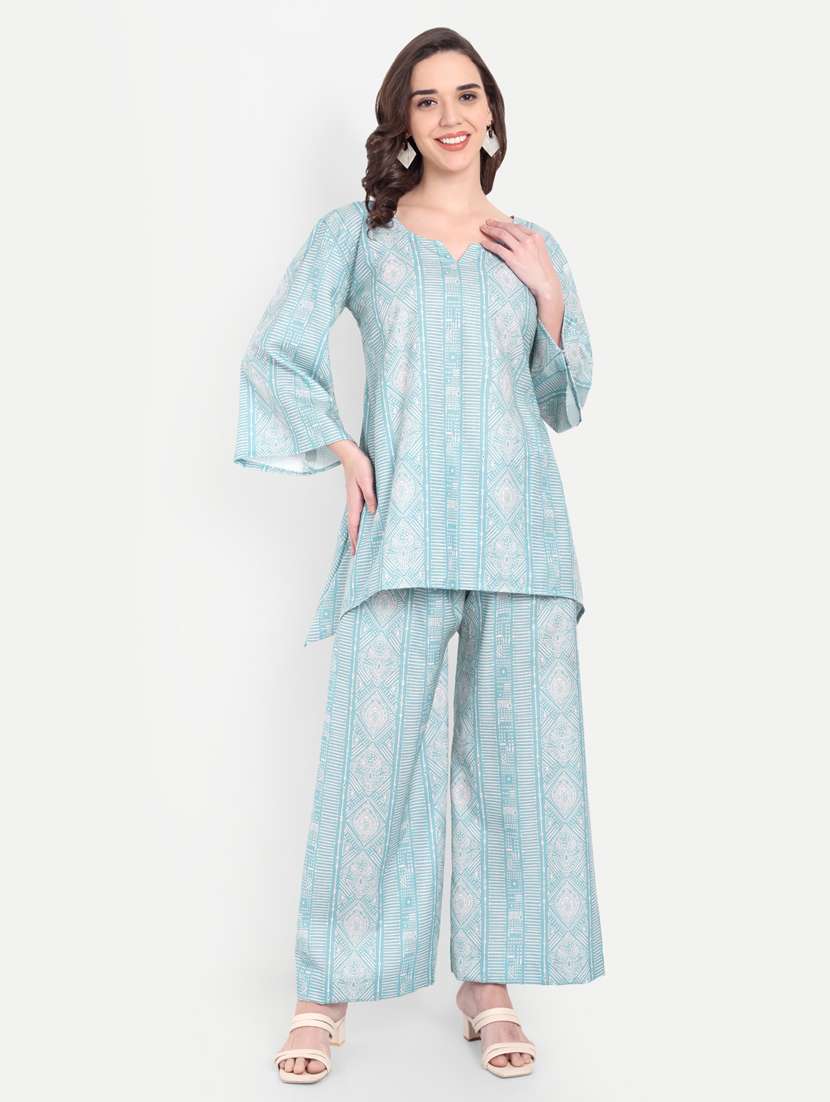 women printed three quarter sleeves ethnic co-ord set