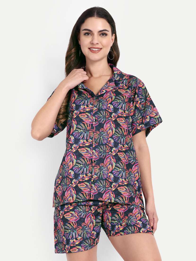 women printed short sleeves shirt and shorts set