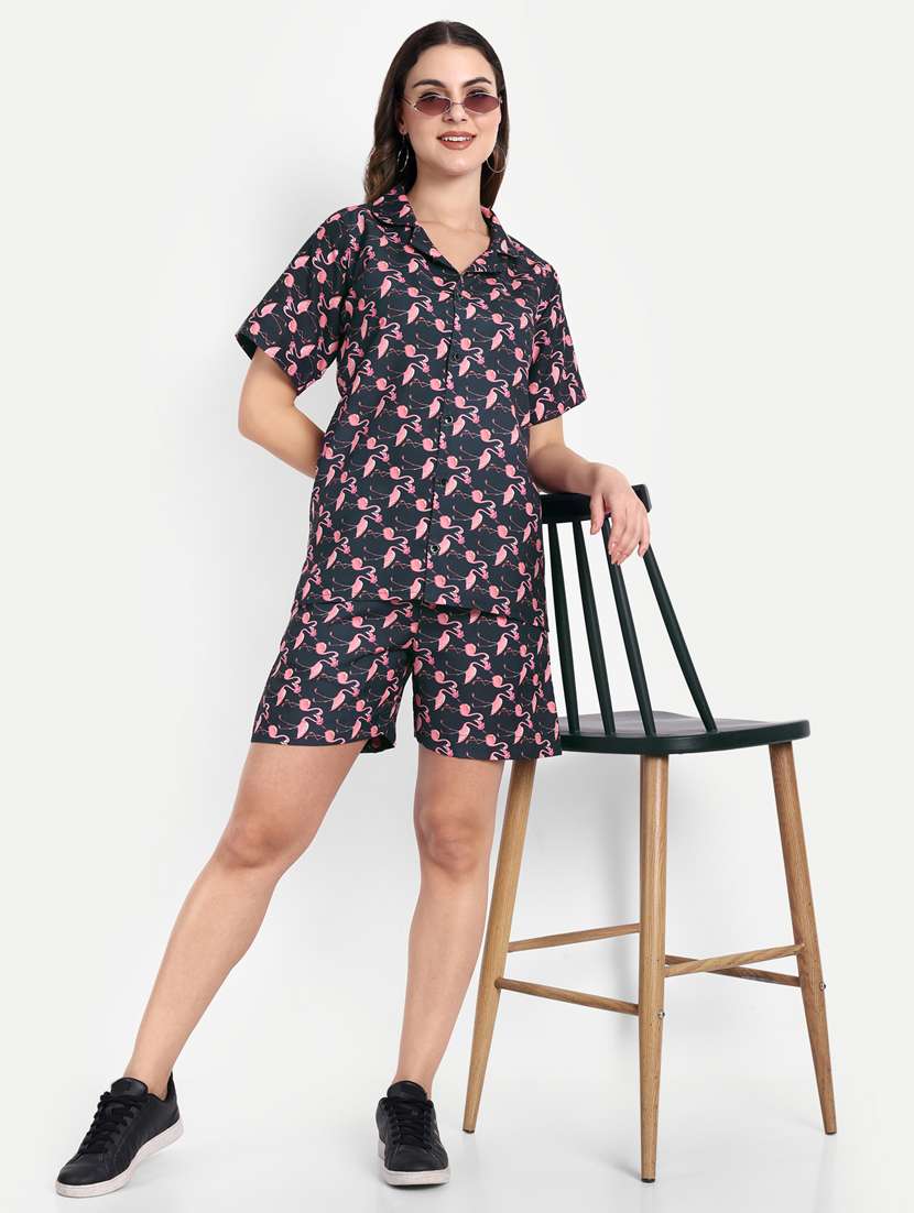 women printed short sleeves shirt and shorts set