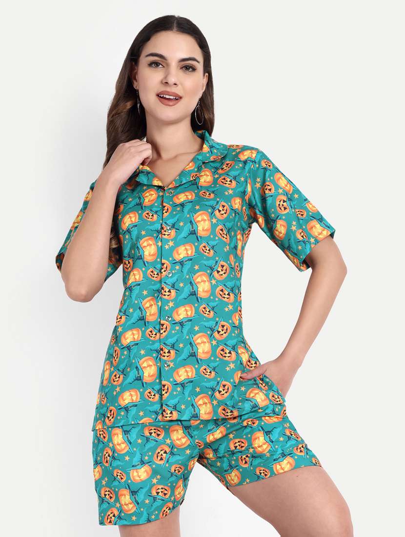 women printed short sleeves shirt and shorts set
