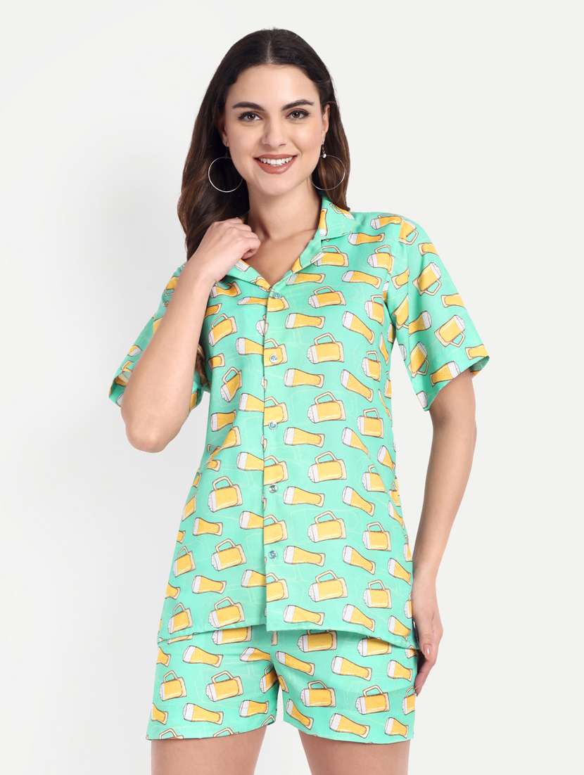 women printed short sleeves shirt and shorts set