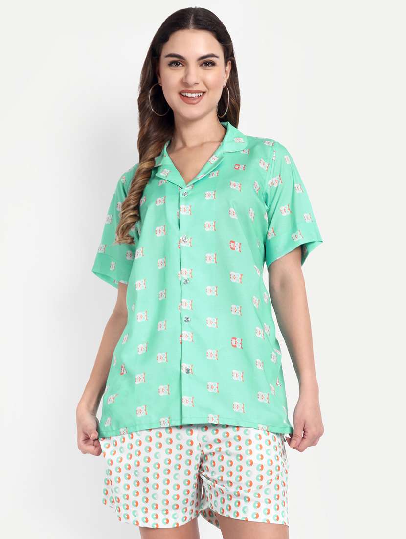 women printed short sleeves shirt and shorts set