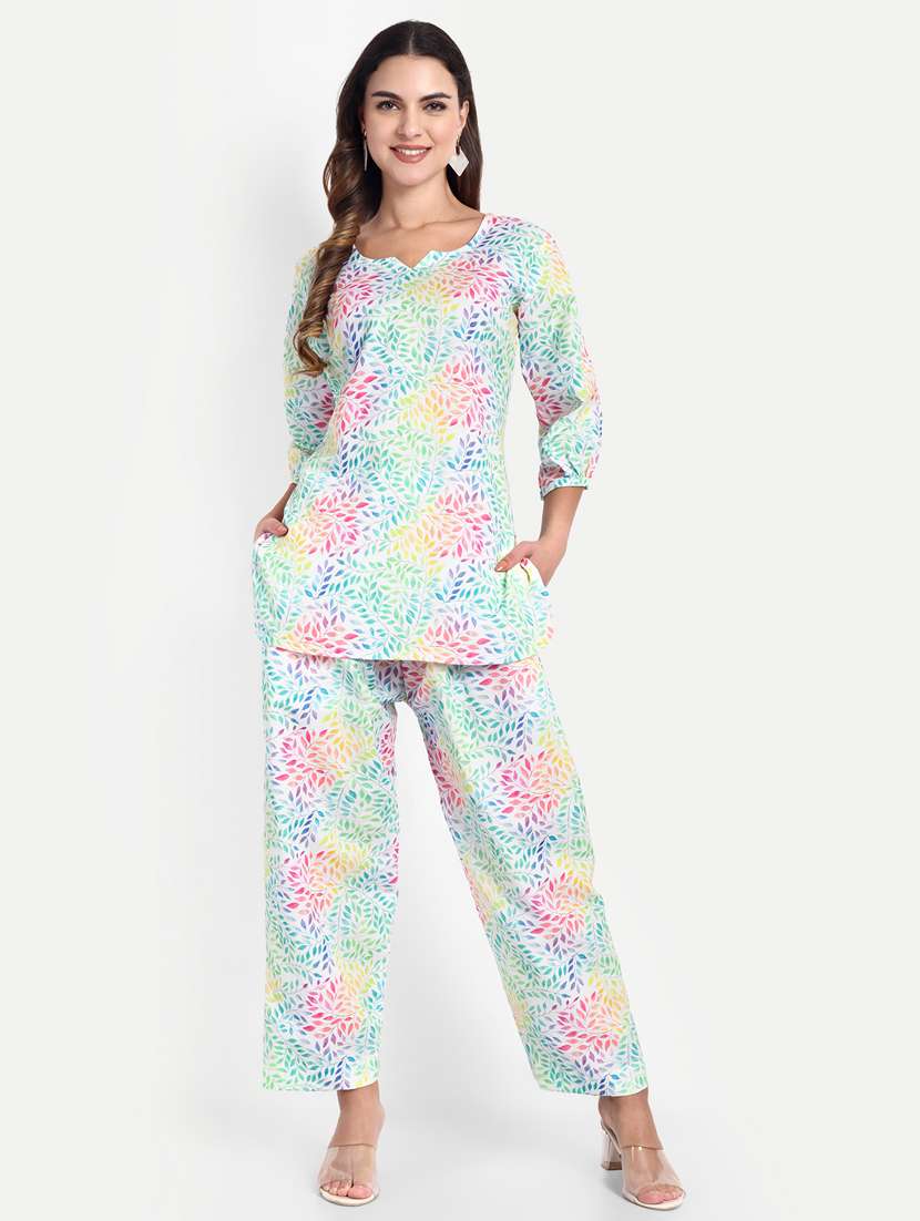 women printed three quarter sleeves ethnic co-ord set