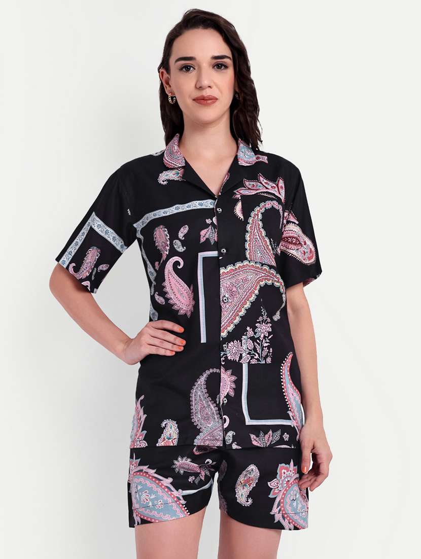 women printed short sleeves shirt and shorts set