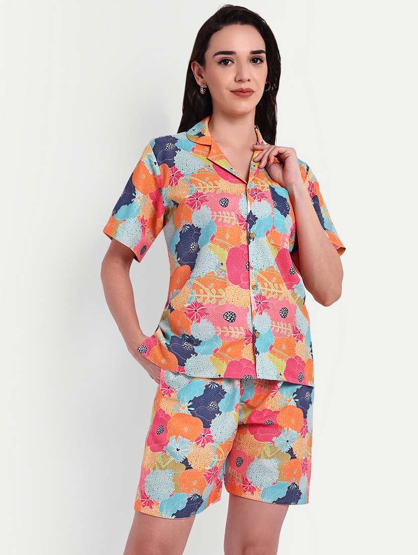 women printed short sleeves shirt and shorts set