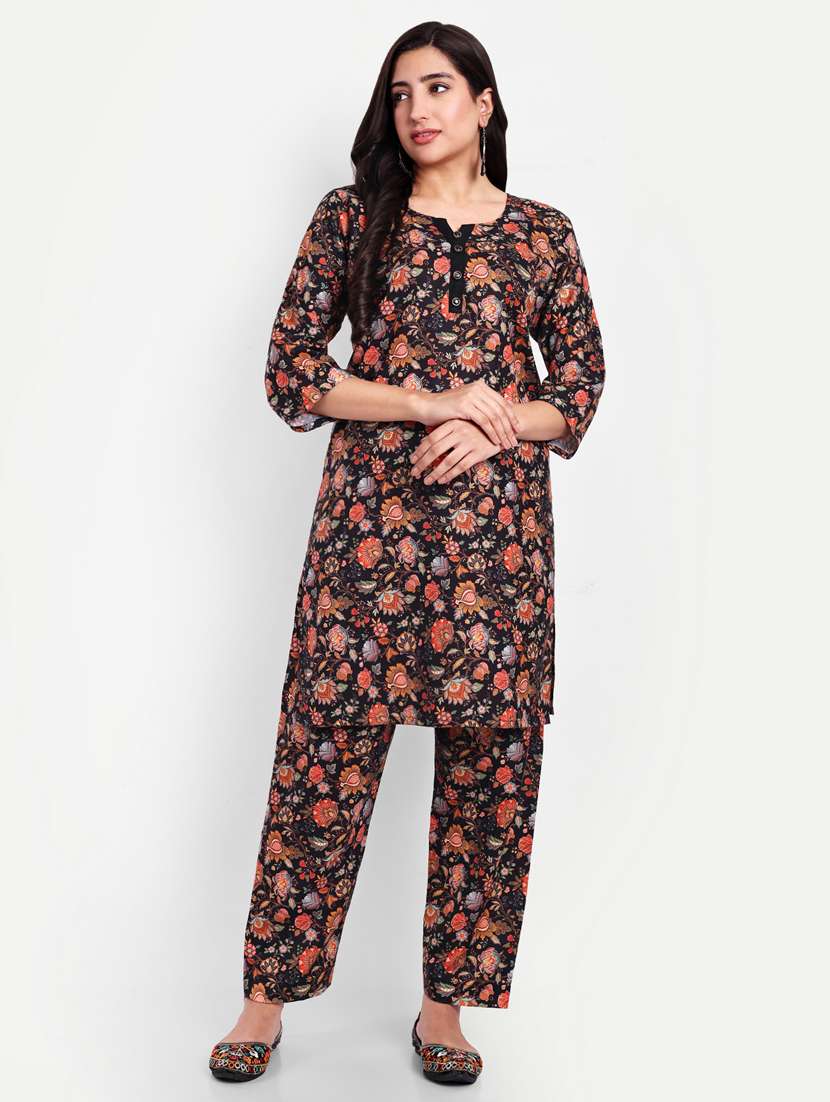women printed three quarter sleeves ethnic co-ord set
