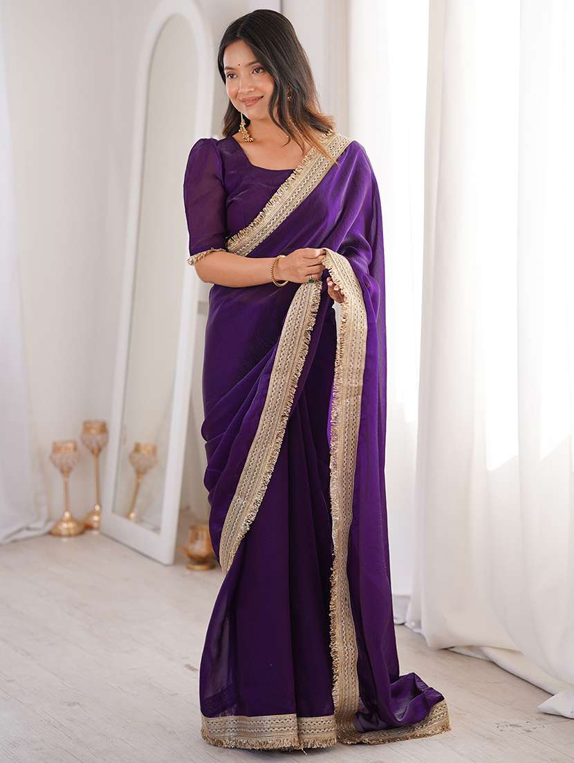 women solid with bordered saree with blouse