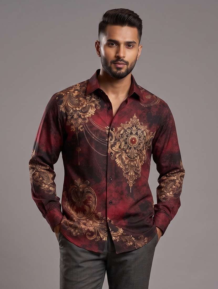 men printed long sleeves casual shirt