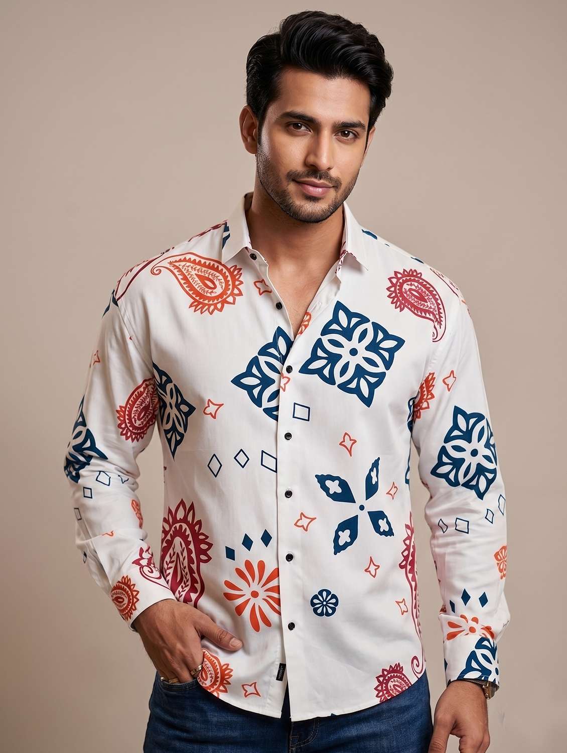 men printed long sleeves casual shirt