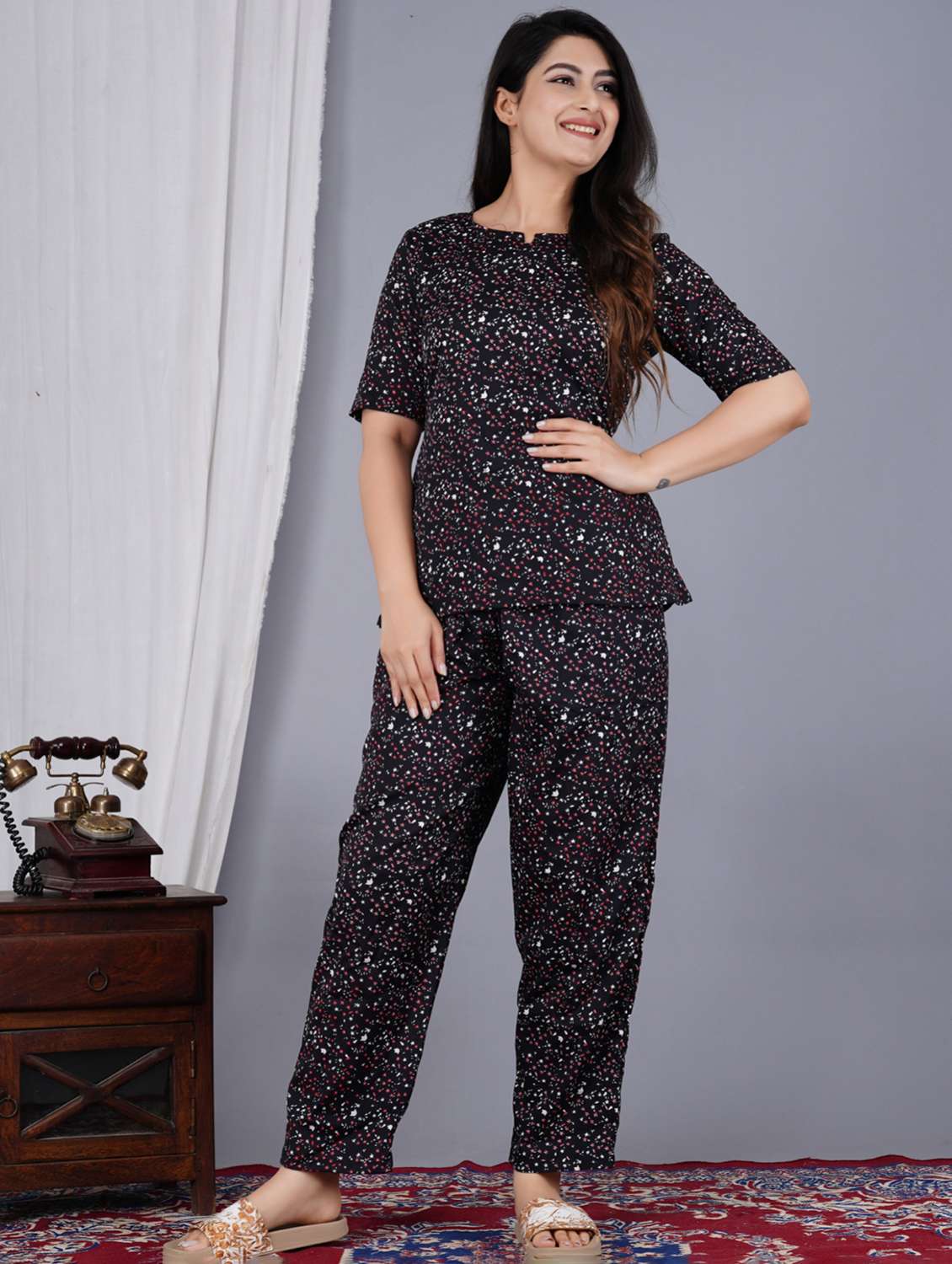 women printed short sleeves top and pajama set