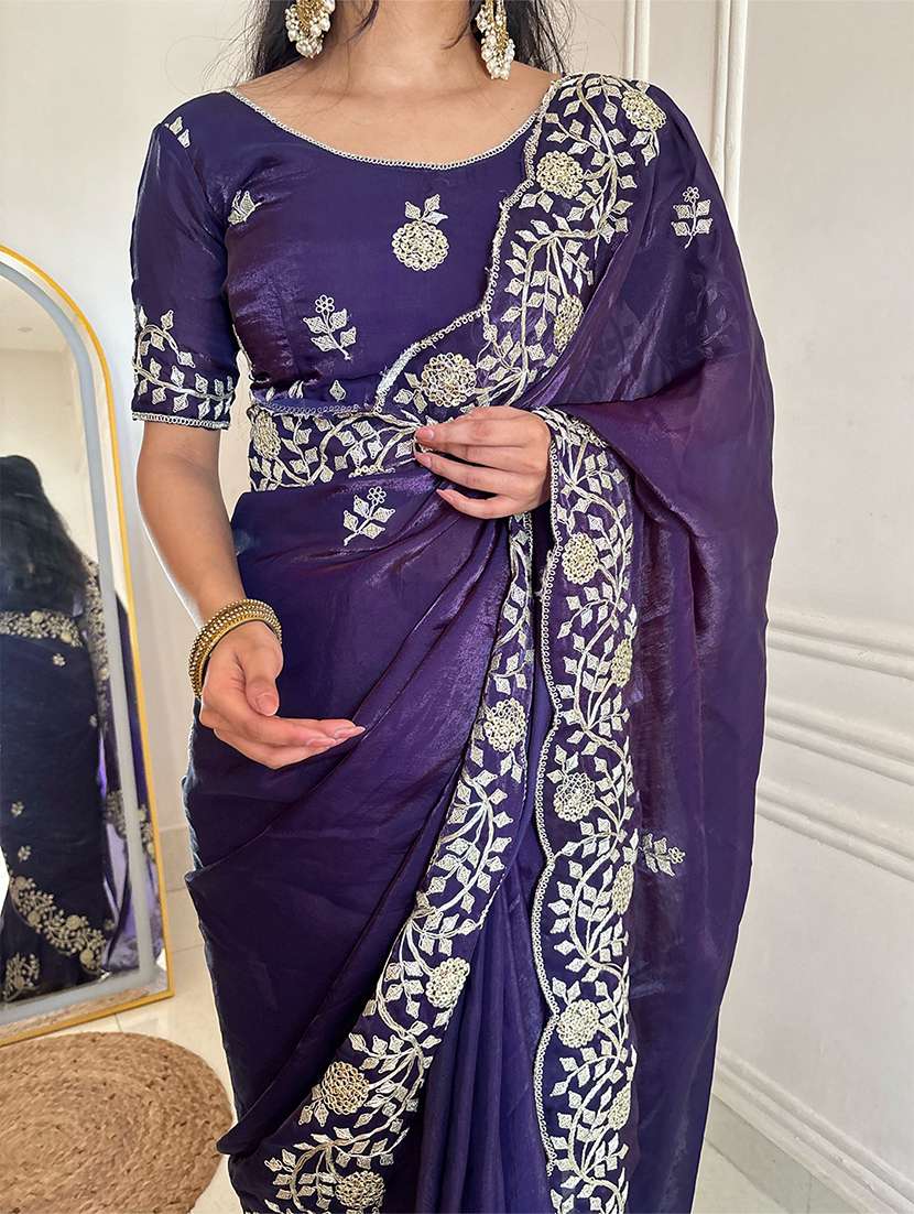 women solid with work embroidered saree with blouse - 22567660 -  Standard Image - 3