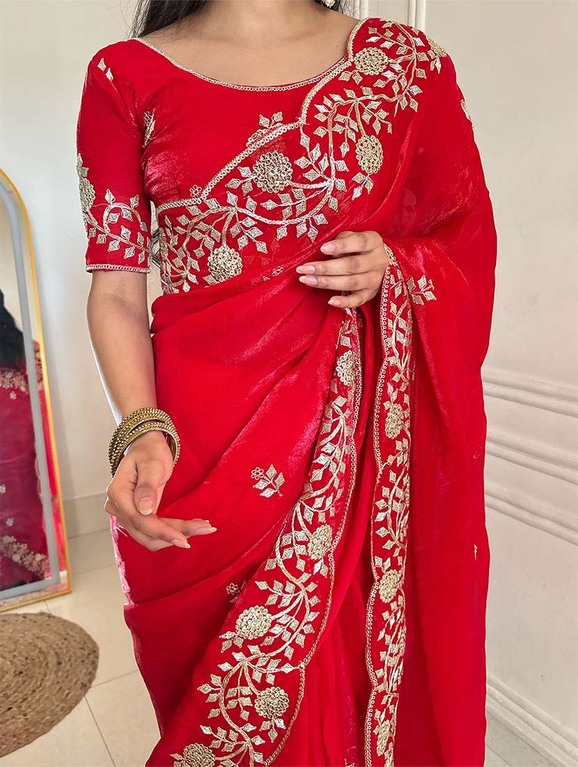women solid with work embroidered saree with blouse - 22567661 -  Standard Image - 3