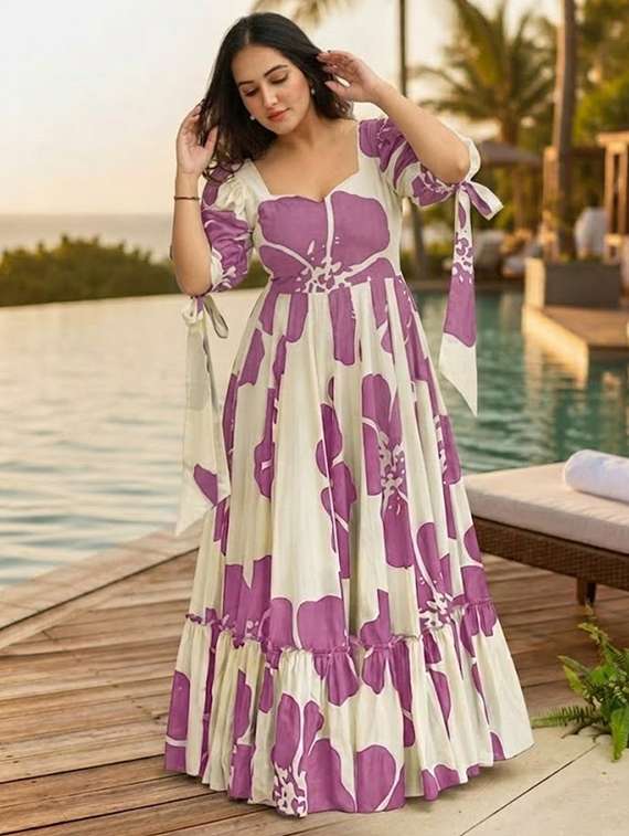 women printed puff sleeves tiered dress