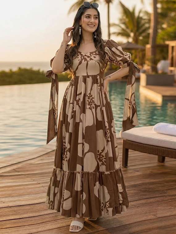 women printed puff sleeves tiered dress
