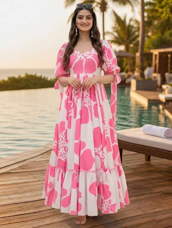 women printed puff sleeves tiered dress