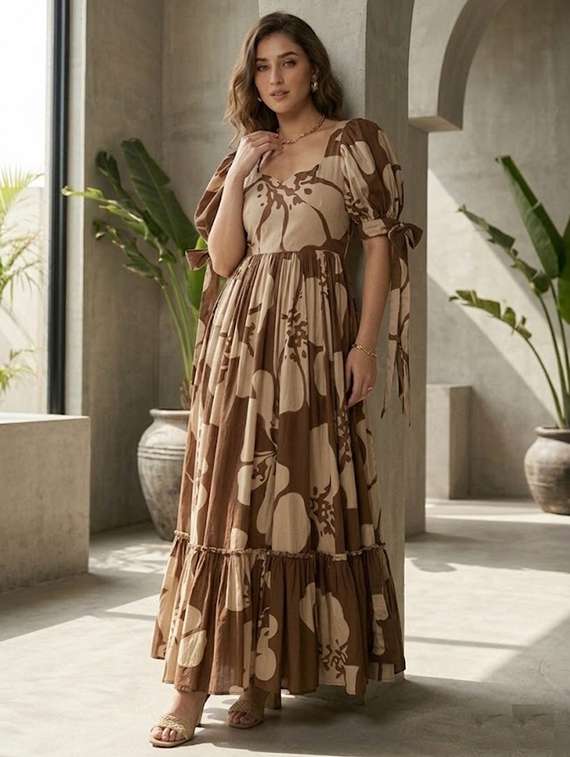 women floral printed puff sleeve maxi tiered dress