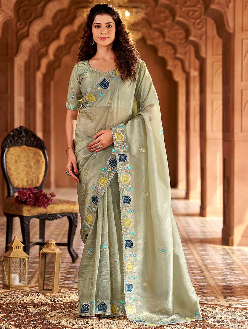 women solid with work embroidered saree with blouse