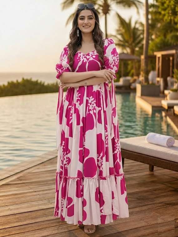 women printed puff sleeves tiered dress
