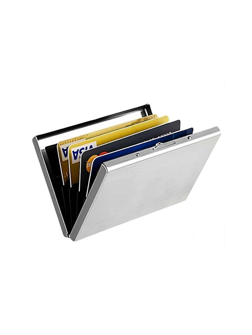 silver metal card holder wallet with magnetic closure