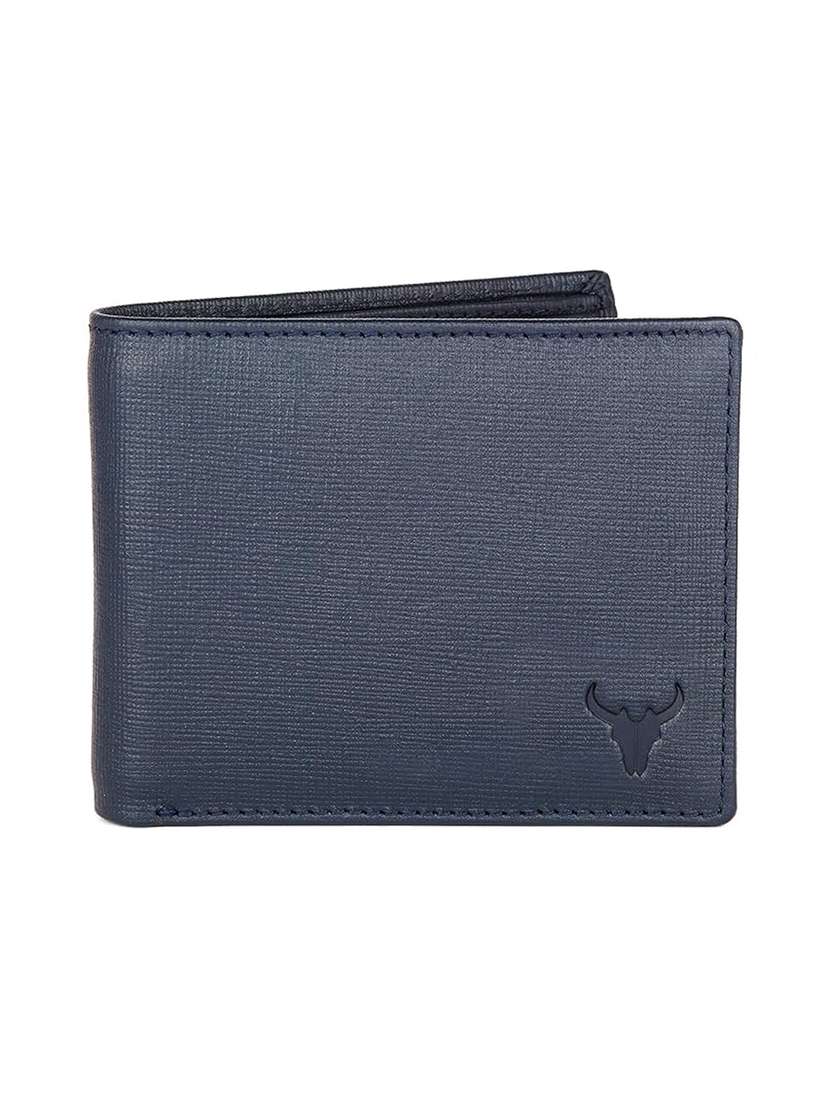 blue genuine leather bi-fold wallet with logo