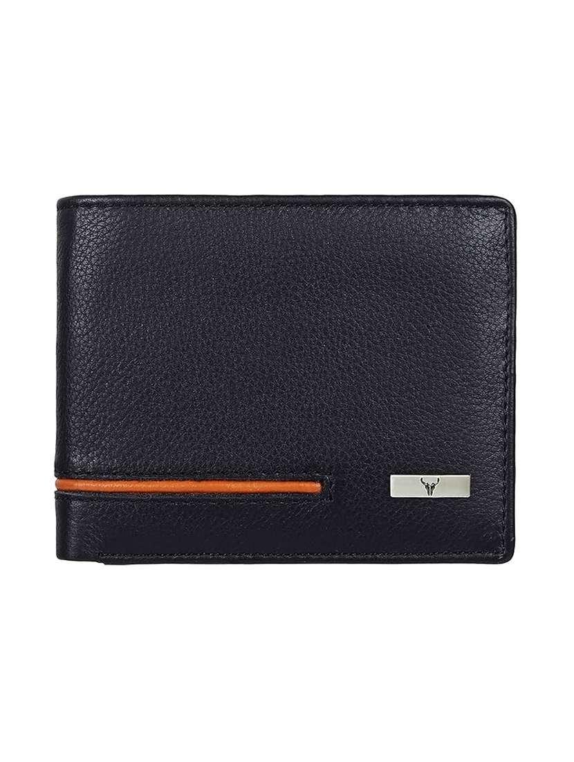 black leather bi-fold wallet with orange accent