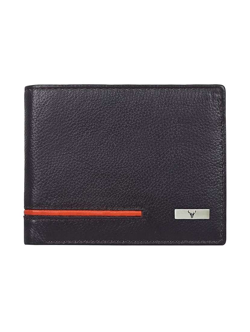 bi-fold black leather wallet with card slots and zip pocket