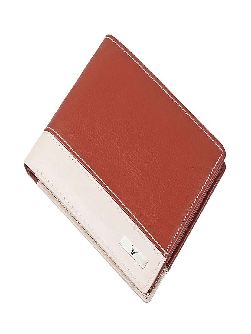 brown and beige leather bi-fold wallet with contrast panel