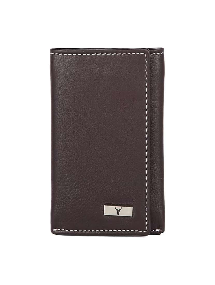 brown genuine leather tri-fold wallet with snap closure