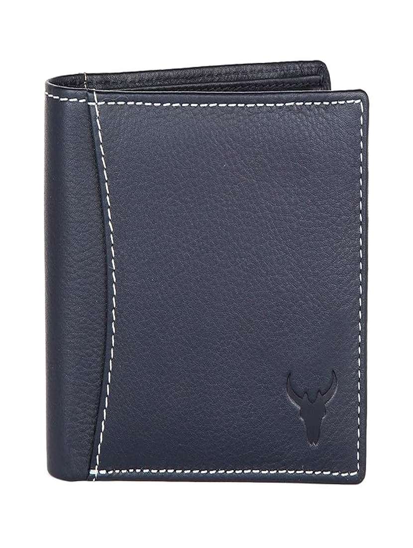 navy blue leather bi-fold wallet with card slots