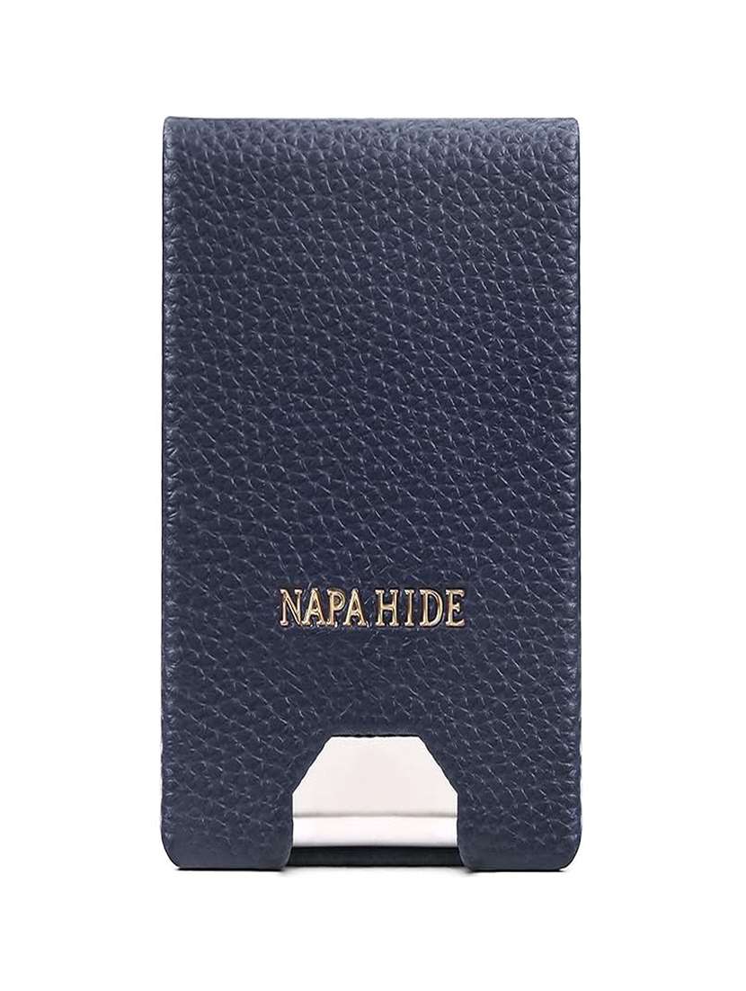 blue leather wallet with magnetic closure