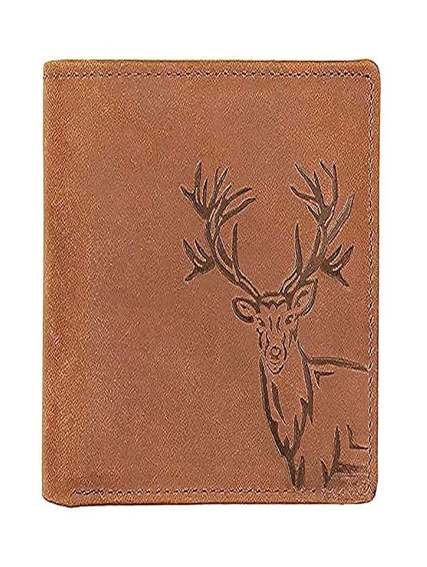tan leather wallet with stag print