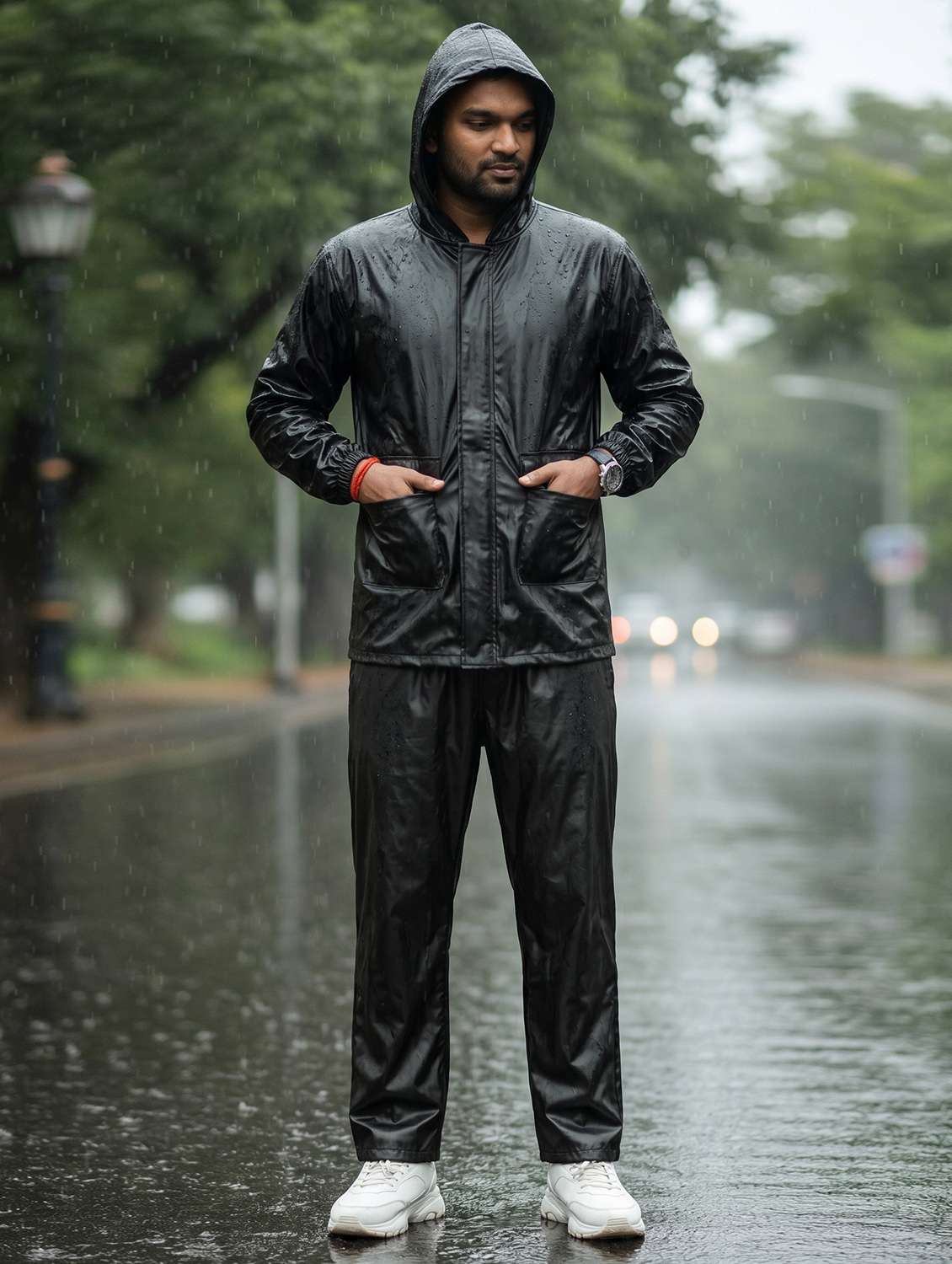 men solid long sleeves hooded rain suit set