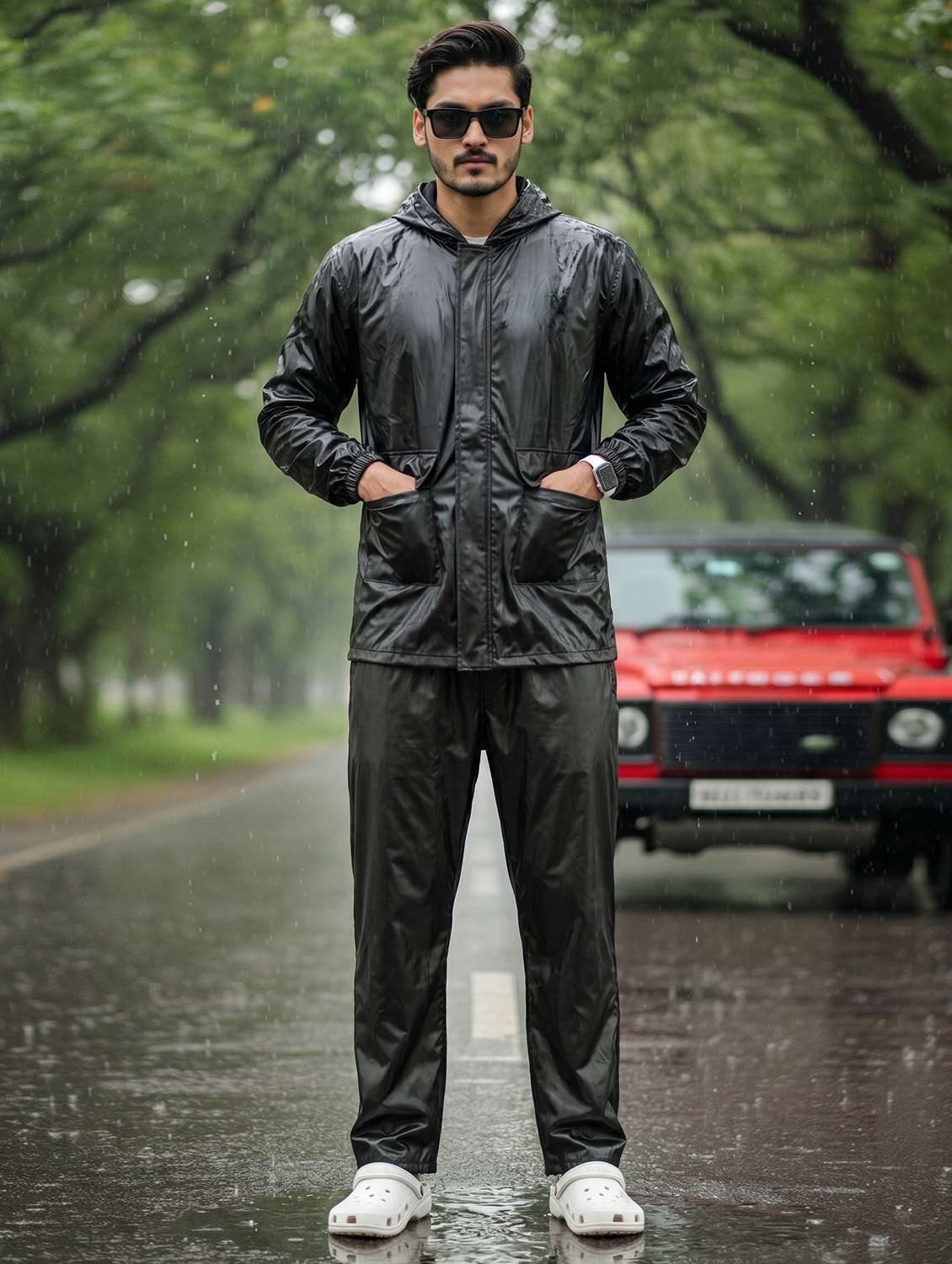 men solid long sleeves hooded rain suit set