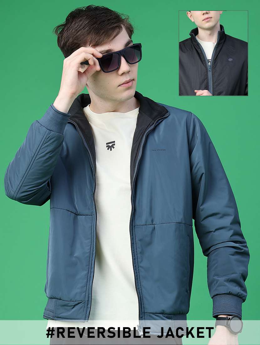 men solid long sleeve reversible bomber jacket