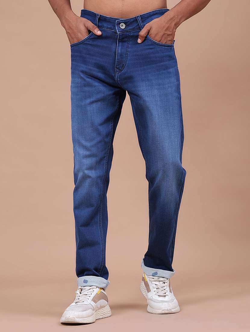 men washed mid rise full length tapered jeans