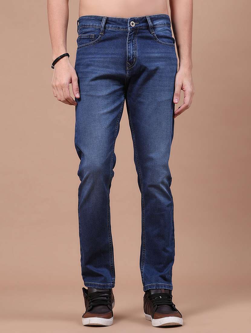 men washed mid rise full length straight jeans