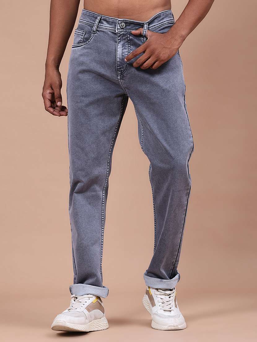 men washed mid rise full length tapered jeans