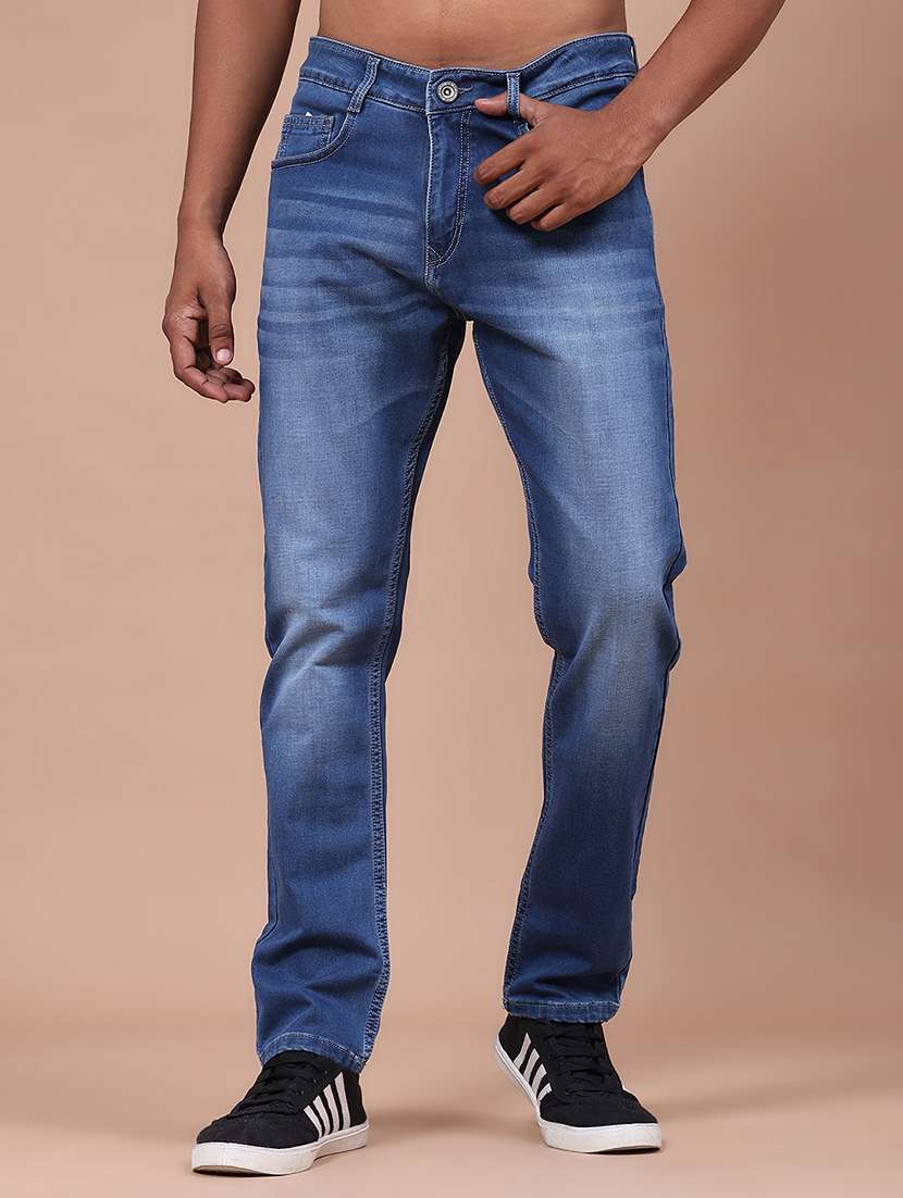 men washed mid rise full length straight jeans