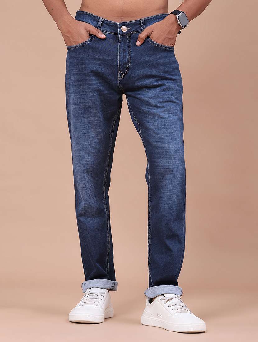 men washed mid rise full length tapered jeans