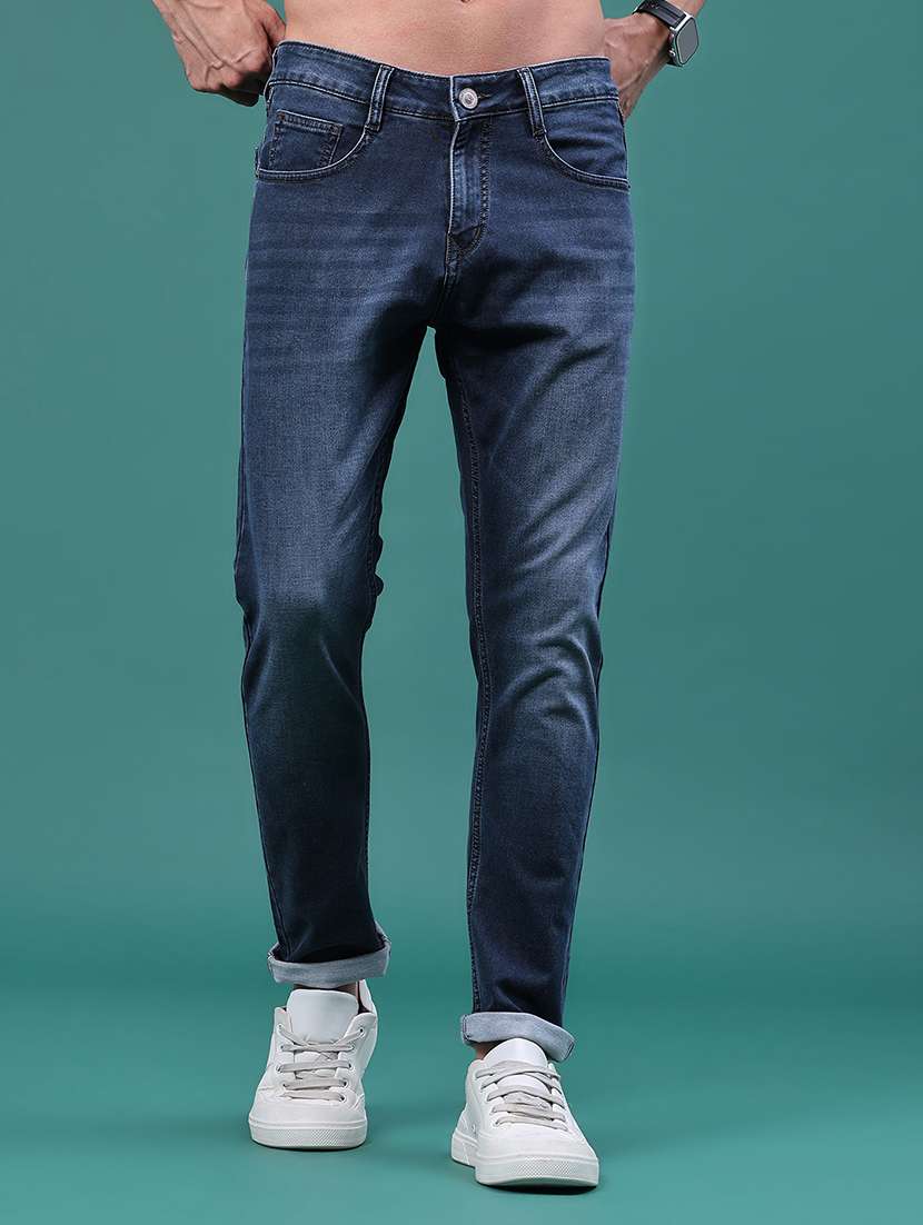 men washed mid rise full length slim fit jeans